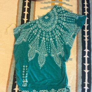 One shoulder Teal Paisley Print Women's Top